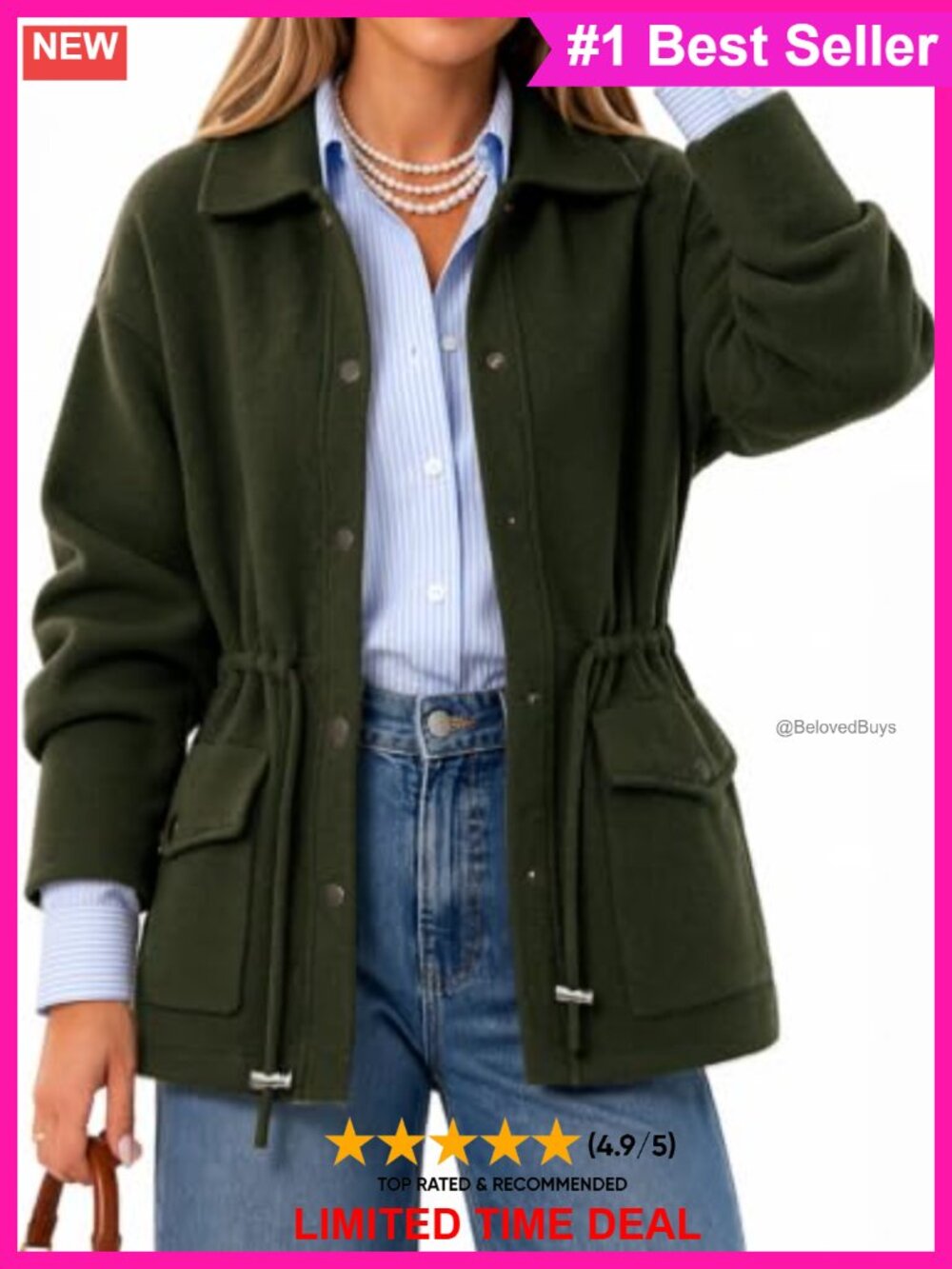 Womens Collared Button Cardigan Drawstring Waist Sweater Jacket